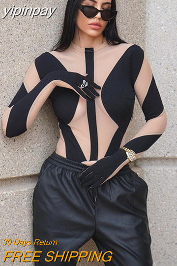 yipinpay 2023 Fashion Club Y2K Sexy Mesh See Through Skinny Bodysuit Long Sleeve One Pieces Body Tops White Rompers Oufits